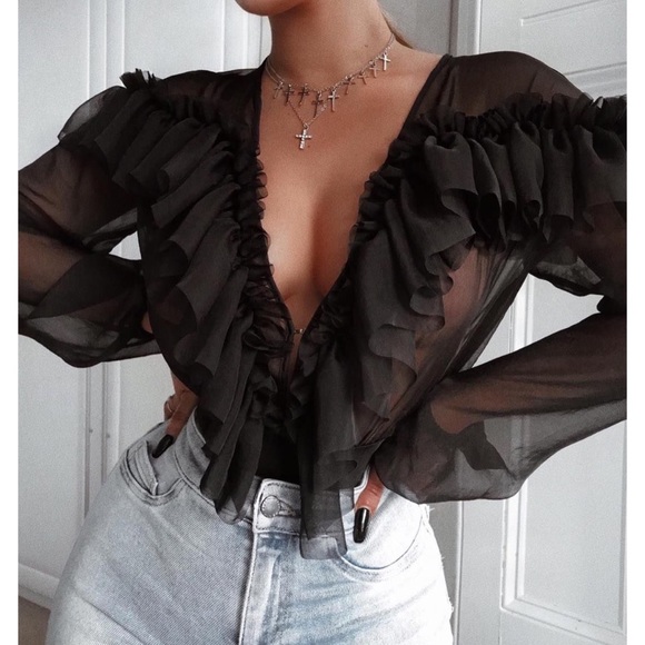 House of CB Tops - House Of CB Anaya Ruffle Plunge Bodysuit Black Long Sleeve XS